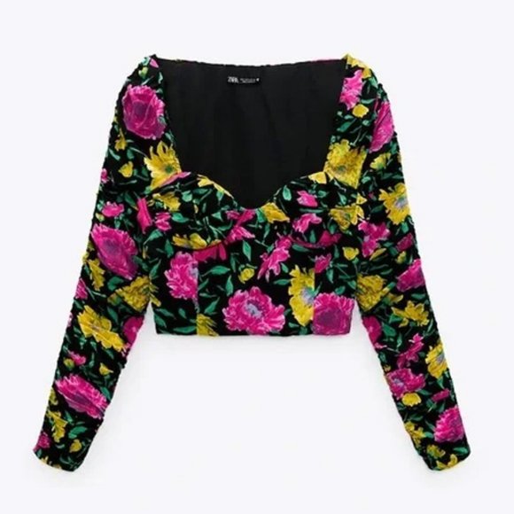 NEW Zara Floral Sweetheart Neckline Ruched Long Sleeve Crop Blouse Top L Vibrant - Picture 5 of 9